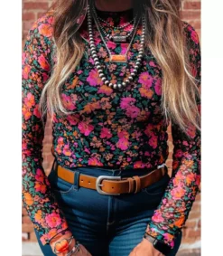 Pinkki pitkähihainen mesh-kukkapaita (plus size)