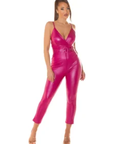 Pinkki tekonahkainen v-jumpsuit vyöllä