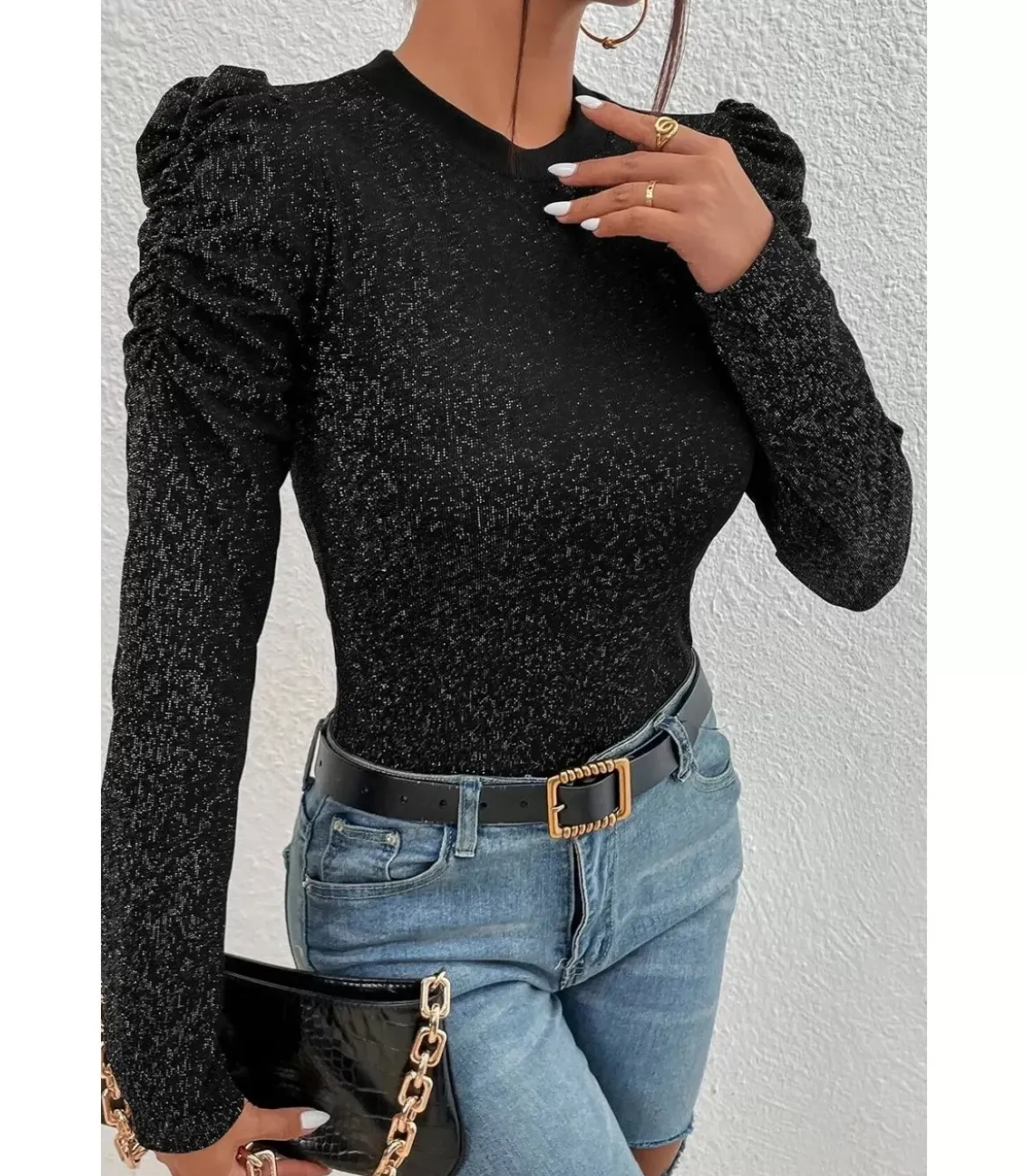 Puhvihihainen musta glitterpaita