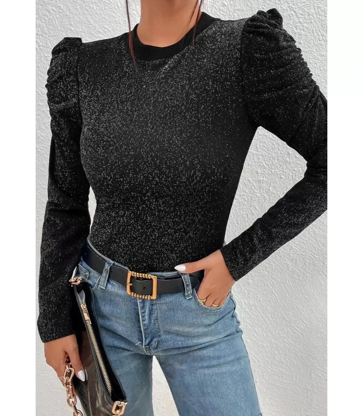Puhvihihainen musta glitterpaita