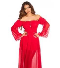 Punainen pitkähihainen off-shoulder mesh-maksimekko