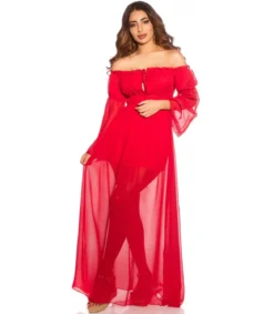 Punainen pitkähihainen off-shoulder mesh-maksimekko