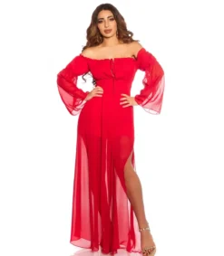 Punainen pitkähihainen off-shoulder mesh-maksimekko