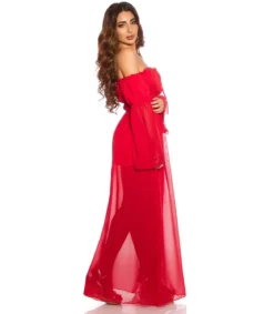 Punainen pitkähihainen off-shoulder mesh-maksimekko