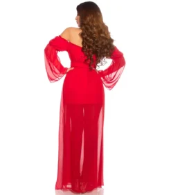 Punainen pitkähihainen off-shoulder mesh-maksimekko