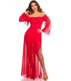 Punainen pitkähihainen off-shoulder mesh-maksimekko