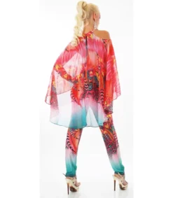 Punainen printtikuvioinen jumpsuit liehuksella
