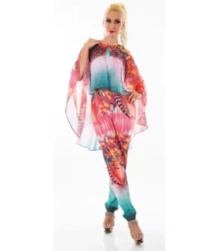 Punainen printtikuvioinen jumpsuit liehuksella