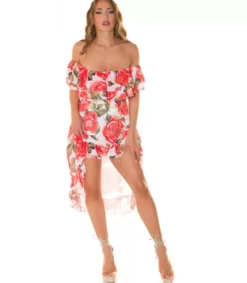 Punainen ruusukuvioinen off-shoulder high low -mekko ketjuvyöllä