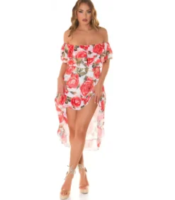 Punainen ruusukuvioinen off-shoulder high low -mekko ketjuvyöllä