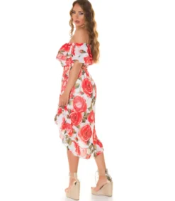 Punainen ruusukuvioinen off-shoulder high low -mekko ketjuvyöllä
