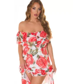 Punainen ruusukuvioinen off-shoulder high low -mekko ketjuvyöllä