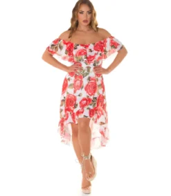 Punainen ruusukuvioinen off-shoulder high low -mekko ketjuvyöllä