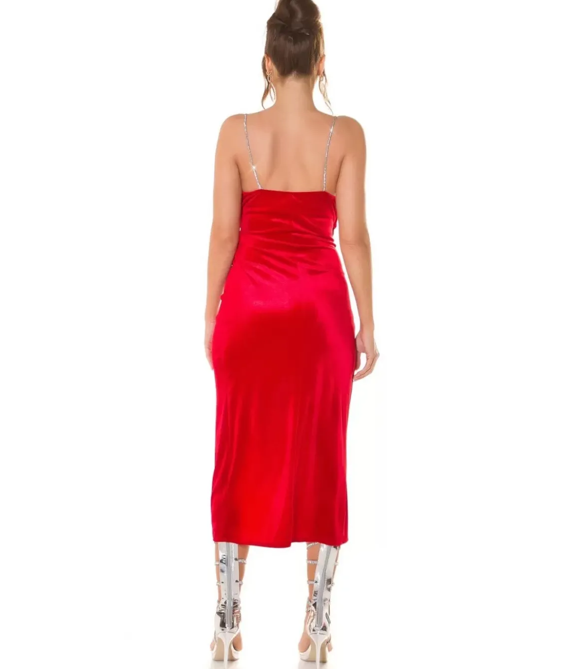 Punainen samettilook wrap-look v-mekko ketjuolkaimilla