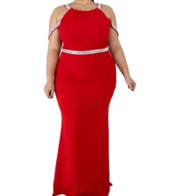 Punainen strassiremmikoristeinen pitkä juhlamekko (plus size)