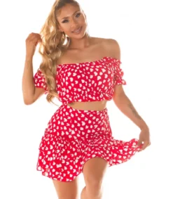 Punavalkoinen off-shoulder hamesetti