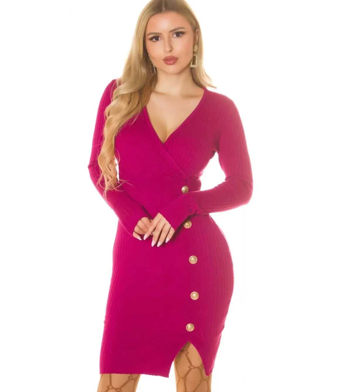 Rosy Days fuksia v-ribbineulemekko napeilla