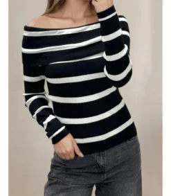Rosy Days mustavalkoinen raidallinen off-shoulder neulepaita