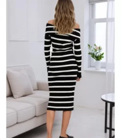 Rosy Days mustavalkoinen raidallinen off-shoulder neulemekko