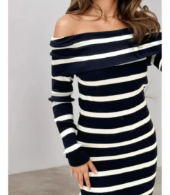 Rosy Days mustavalkoinen raidallinen off-shoulder neulemekko