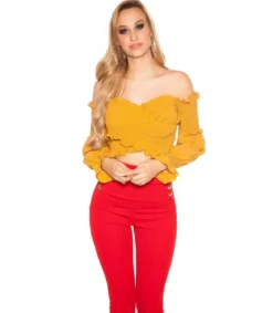 Sinapinkeltainen pitkähihainen lyhyt wrap-look latinapaita