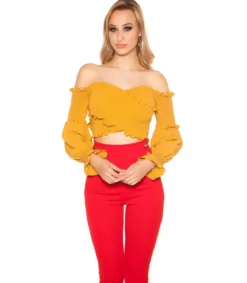 Sinapinkeltainen pitkähihainen lyhyt wrap-look latinapaita