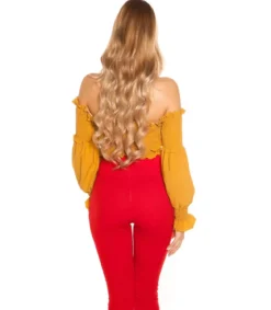 Sinapinkeltainen pitkähihainen lyhyt wrap-look latinapaita