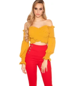 Sinapinkeltainen pitkähihainen lyhyt wrap-look latinapaita
