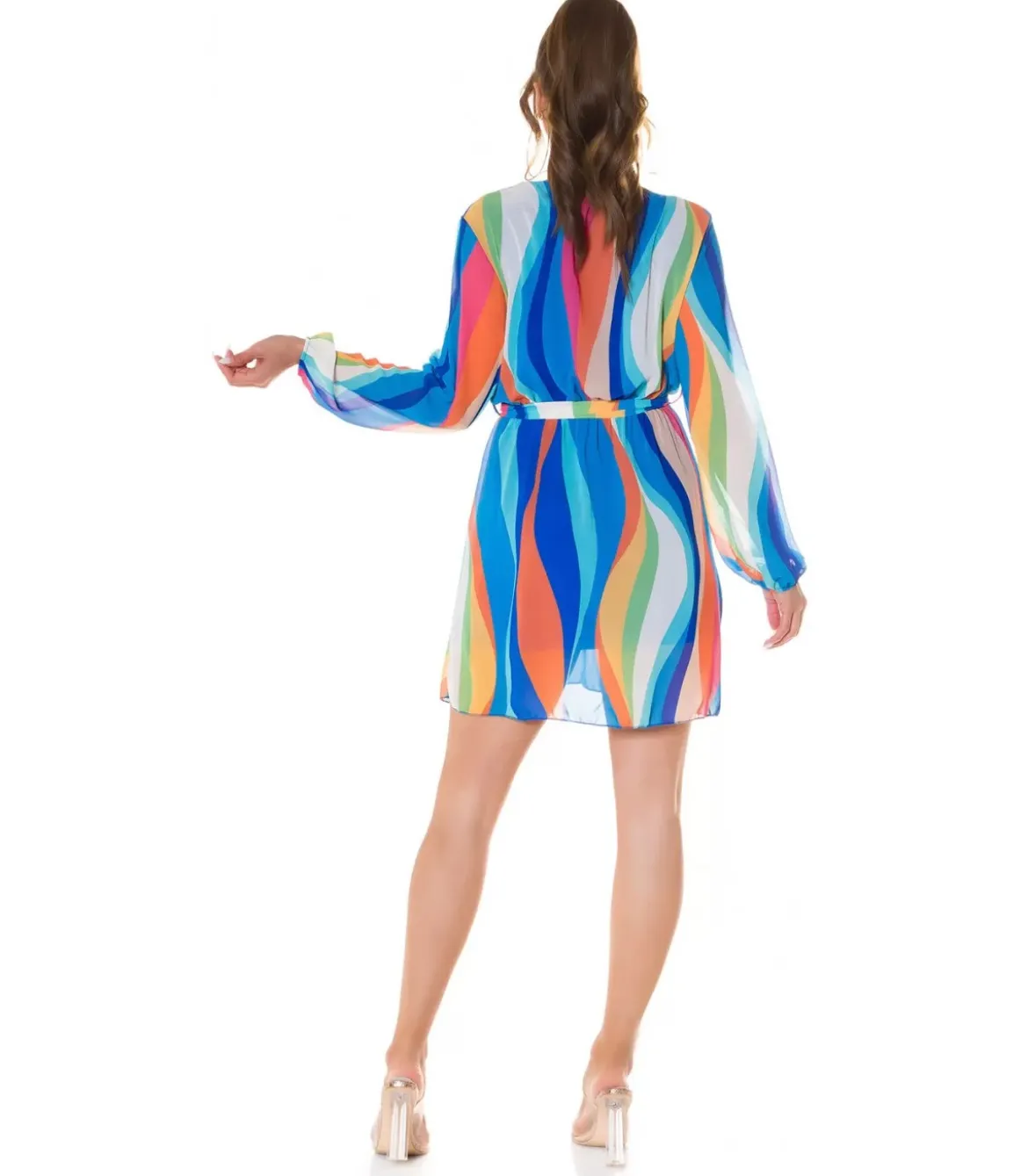 Sininen multiraidallinen wrap-look v-mekko vyöllä