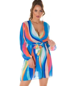Sininen multiraidallinen wrap-look v-mekko vyöllä