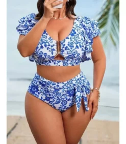 Sinivalkoiset koristeelliset kukkabikinit (plus size)