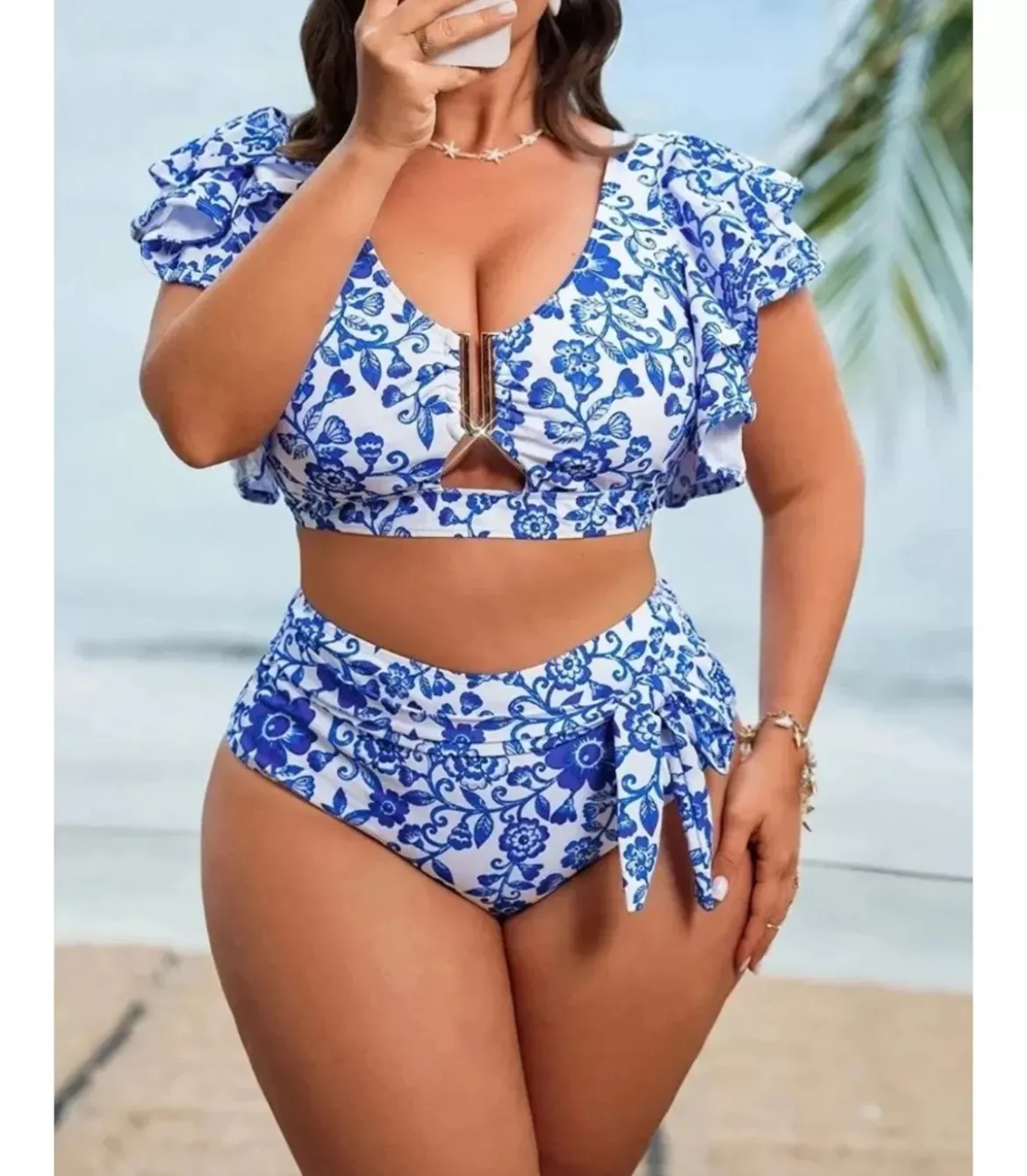 Sinivalkoiset koristeelliset kukkabikinit (plus size)
