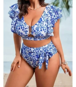 Sinivalkoiset koristeelliset kukkabikinit (plus size)
