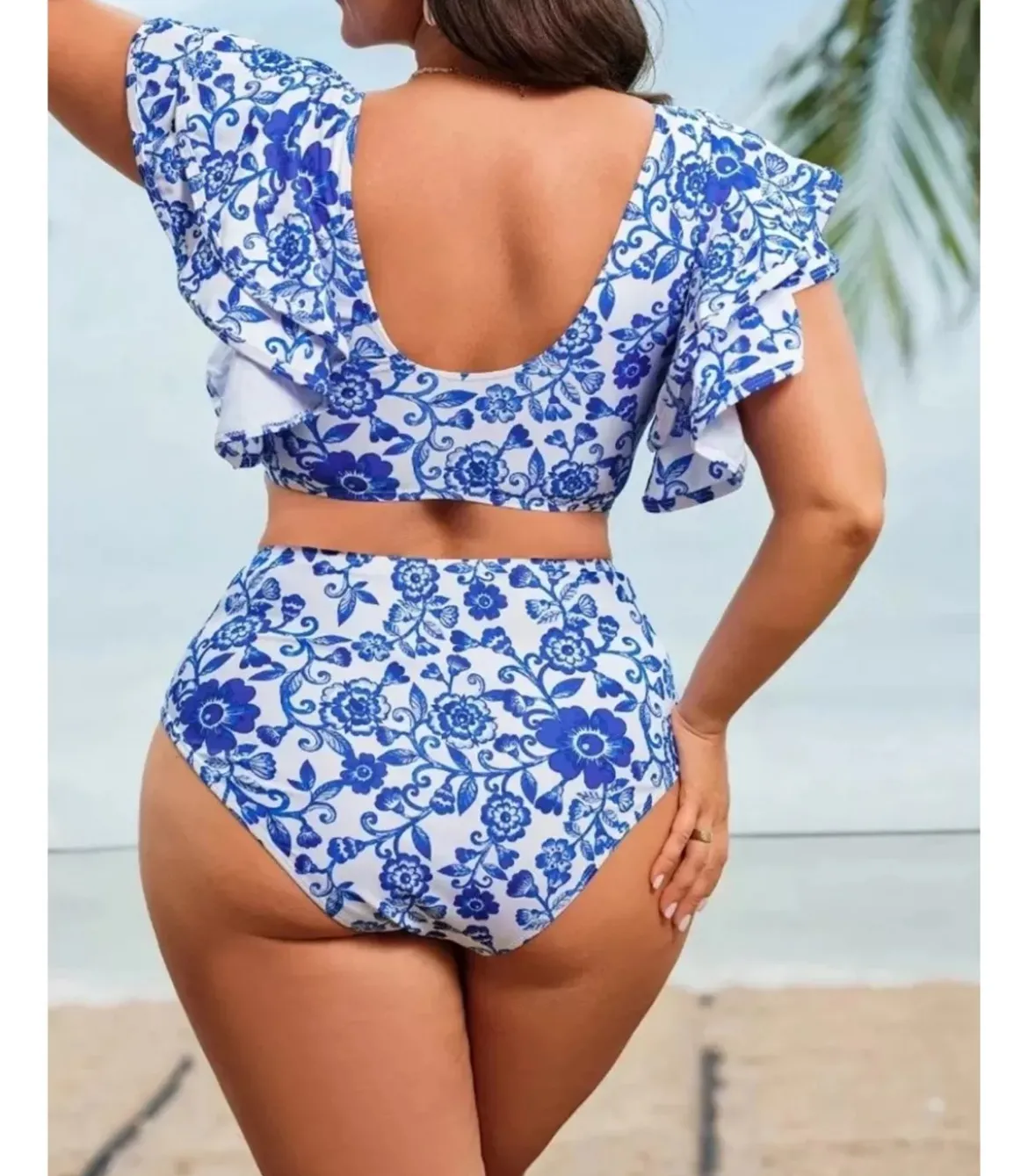Sinivalkoiset koristeelliset kukkabikinit (plus size)