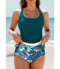 Tummanvihreä tankini + lehtikuvioiset korkeavyötäröiset bikinihousut