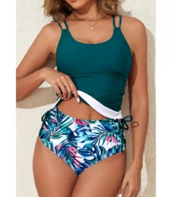 Tummanvihreä tankini + lehtikuvioiset korkeavyötäröiset bikinihousut