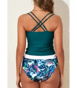 Tummanvihreä tankini + lehtikuvioiset korkeavyötäröiset bikinihousut