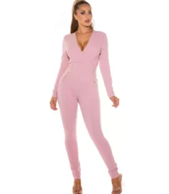 Vaaleanpunainen pitkähihainen v-jumpsuit napeilla