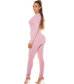 Vaaleanpunainen pitkähihainen v-jumpsuit napeilla