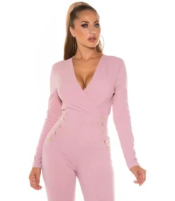 Vaaleanpunainen pitkähihainen v-jumpsuit napeilla