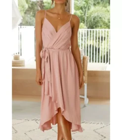 Vaaleanpunainen wrap-look high low v-mekko