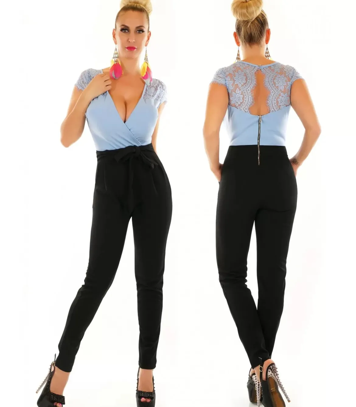 Vaaleansinimusta pitsikoristeinen v-jumpsuit
