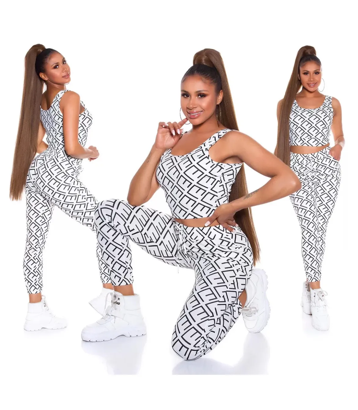 Valkoinen crop top printtikuvioinen joggerisetti