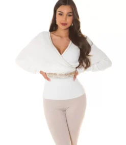 Valkoinen koristeinen lepakkohihainen wrap-look v-neule