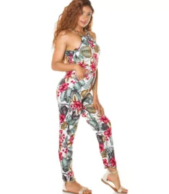 Valkoinen kukka- ja lehtikuvioinen jumpsuit