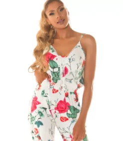 Valkoinen kukkakuvioinen jumpsuit nyörityksellä