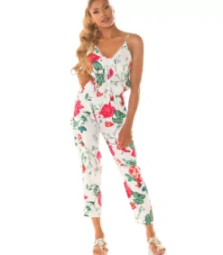 Valkoinen kukkakuvioinen jumpsuit nyörityksellä