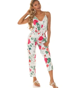 Valkoinen kukkakuvioinen jumpsuit nyörityksellä
