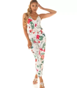 Valkoinen kukkakuvioinen jumpsuit nyörityksellä