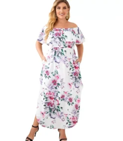 Valkoinen kukkakuvioinen off-shoulder maksimekko (plus size)